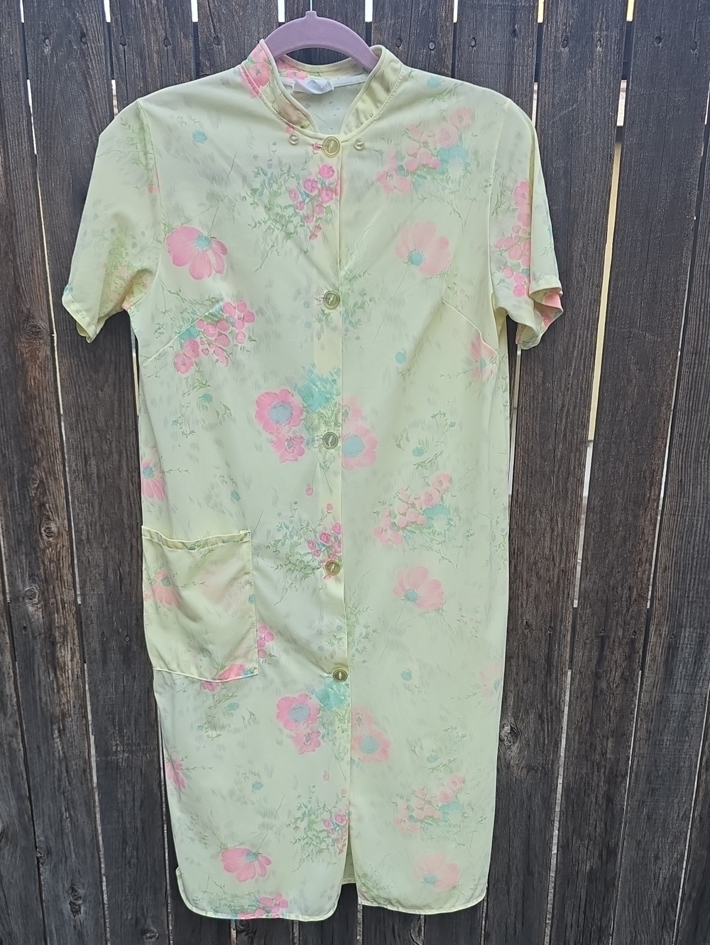 Vintage 60s Philmaid Pastel Yellow Floral Nylon Housecoat Robe Grannycore Retro